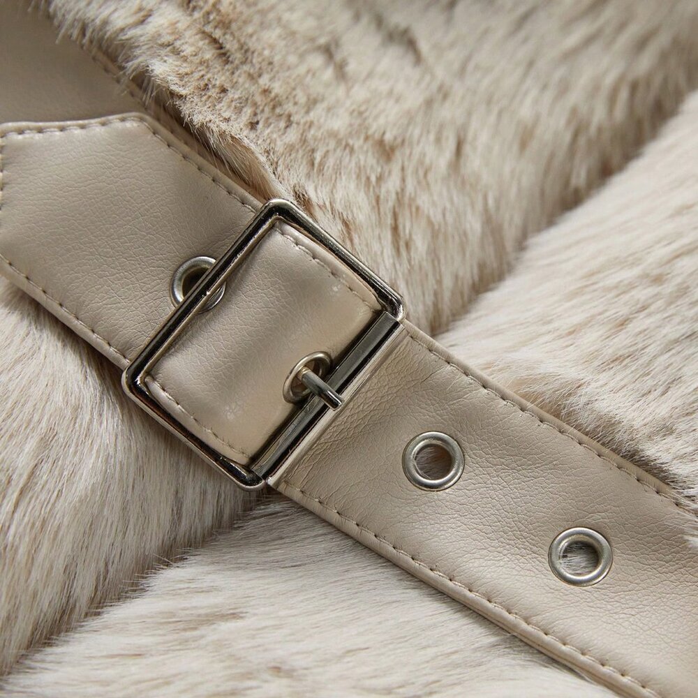 Beige Casual Women's Buckle Detail Fuzzy Coat - Picture 7 of 7